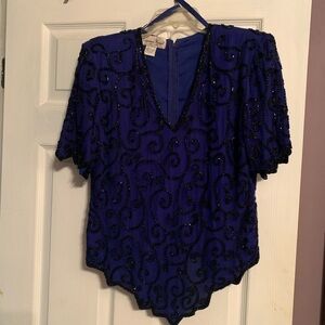 Elegant Blue and Black Beaded Women's Top